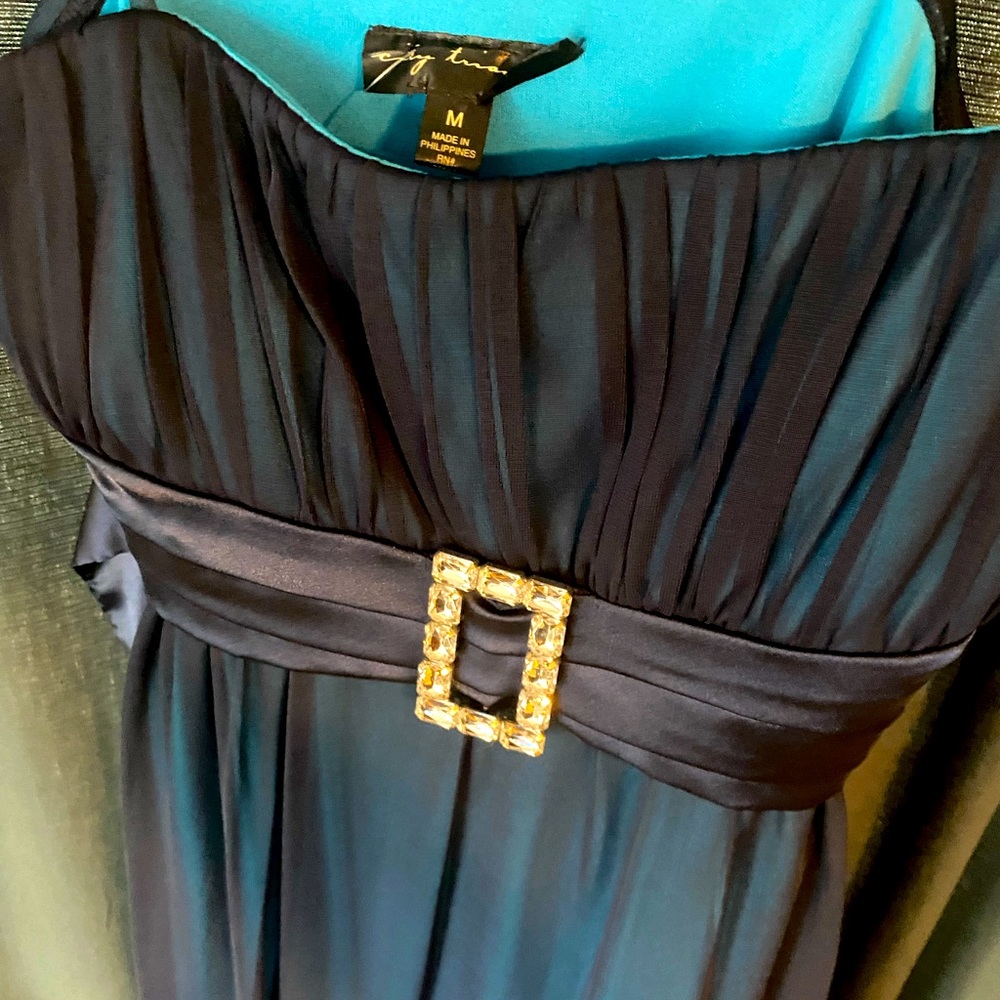 Blue/teal rhinestone belt empire waist handkerchief city triangles dress- medium